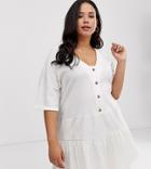 Asos Design Curve Textured Button Through Smock Dress With Tiered Skirt - White