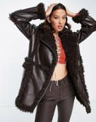 Topshop Faux Shearling Mid Length Jacket With Faux Fur Details In Brown