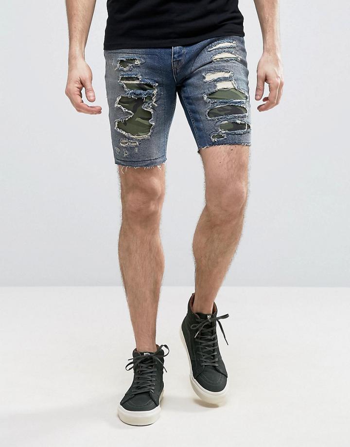 Asos Denim Shorts In Skinny Mid Wash With Camo Rip And Repair - Blue
