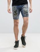 Asos Denim Shorts In Skinny Mid Wash With Camo Rip And Repair - Blue