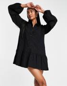 Asos Design Eyelet Long Sleeve Mini Shirt Dress In Black