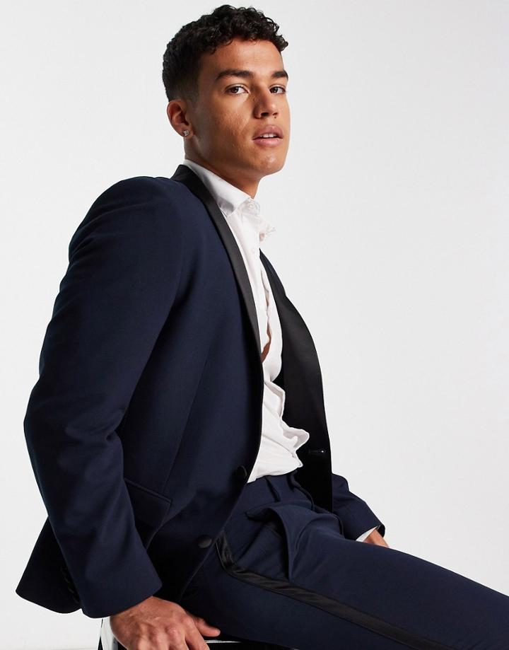 Asos Design Skinny Wool Tuxedo Jacket In Navy With Black Lapels