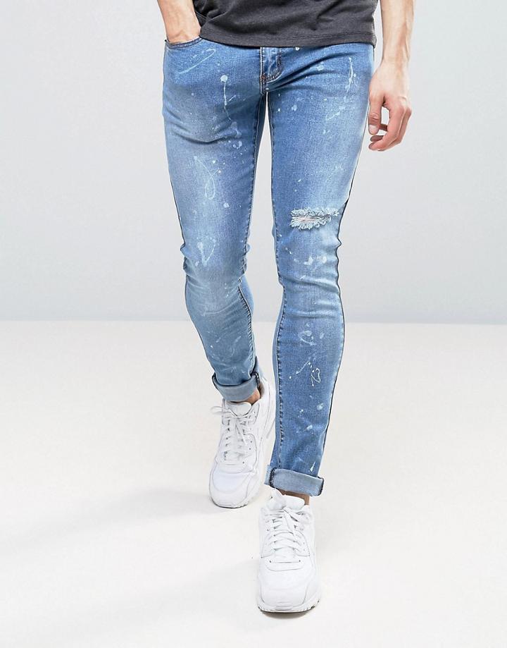 Liquor & Poker Blue Wash Paint Splatter Skinny Jean - Blue