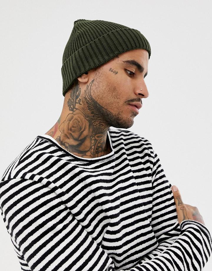 Asos Design Mini Fisherman Beanie In Olive Rib Knit - Green