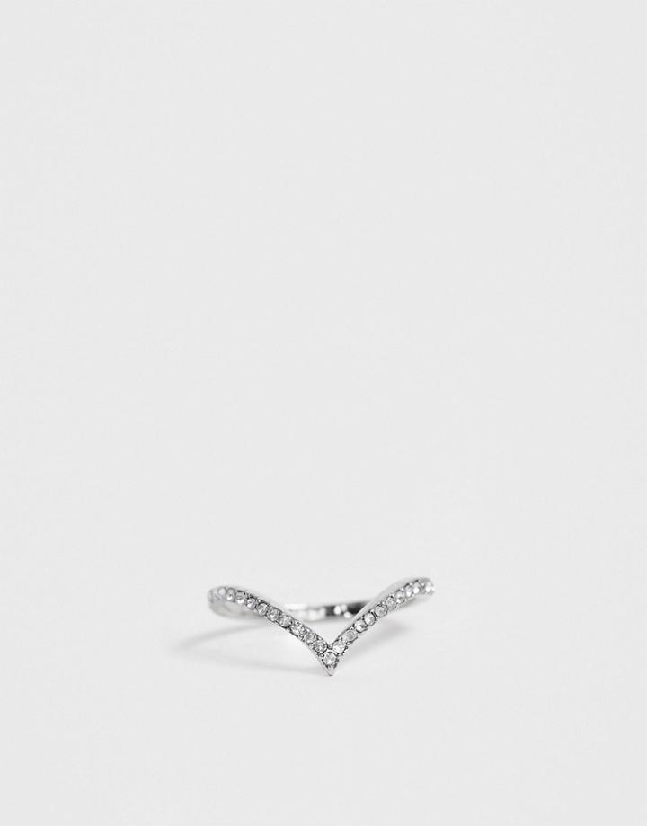 Asos Design Thumb Ring In V Shape With Crystal In Silver Tone