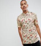 Asos Design Tall Regular Fit Floral Satin Shirt In Off White - Beige