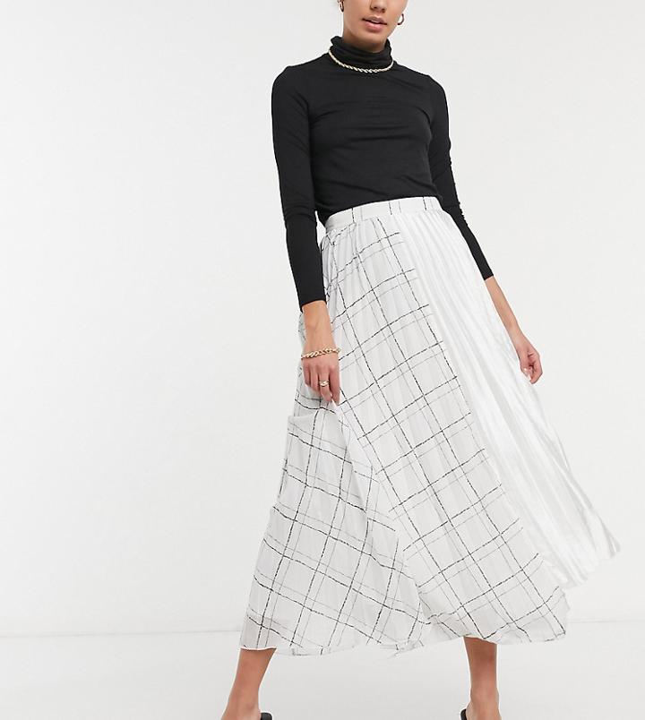Asos Design Tall Pleated Midi Skirt With Check Print Detail In White-neutral