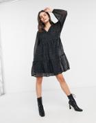 Vero Moda Mini Smock Dress With Puff Sleeves In Black Polka Dot Print-silver