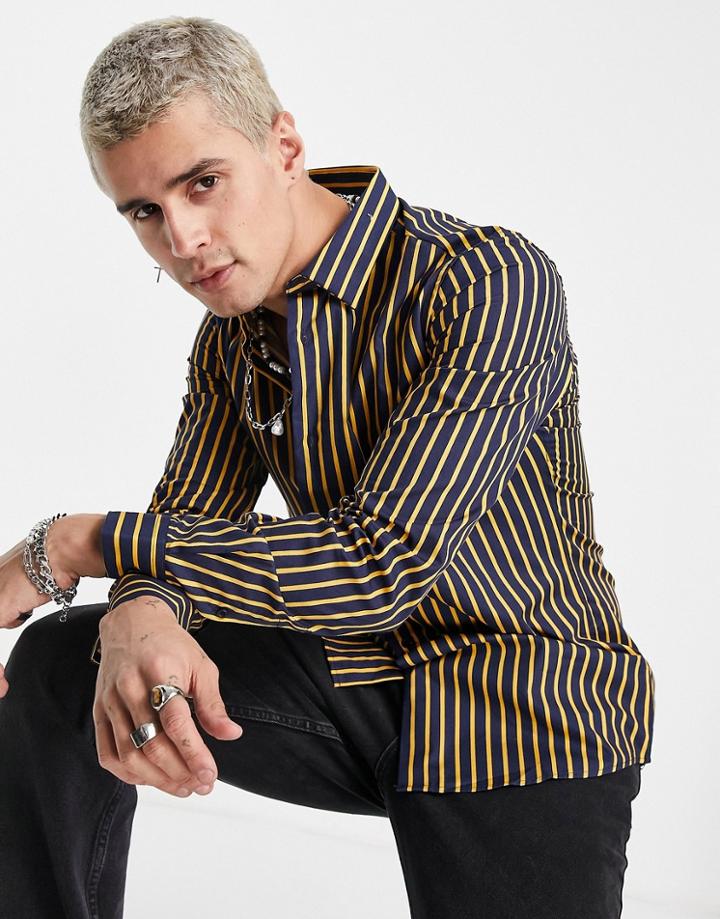 Devil's Advocate Striped Grandad Collar Slim Fit Cotton Shirt-multi
