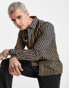 Devil's Advocate Striped Grandad Collar Slim Fit Cotton Shirt-multi