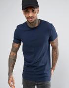 Asos Longline Muscle Fit T-shirt With Crew Neck In Navy - Navy