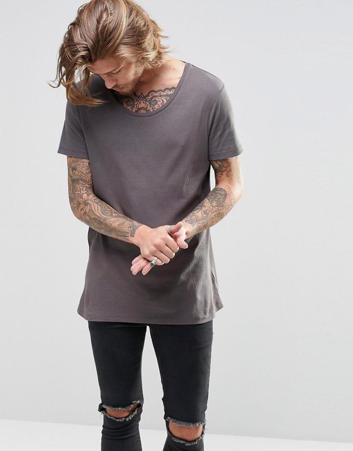 Asos Super Longline T-shirt In Gray Rib With Raw Scoop Neck - Castle Rock