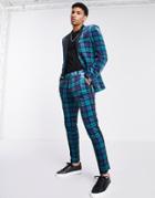 Asos Design Super Skinny Plaid Velvet Tuxedo Suit Pants In Blue-black
