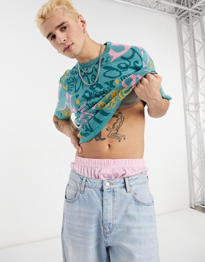 Asos Design Knitted Oversized T-shirt With All Over Logo Pattern In Teal-green