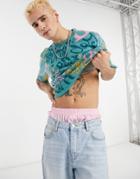 Asos Design Knitted Oversized T-shirt With All Over Logo Pattern In Teal-green