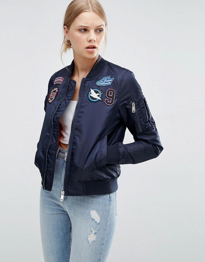 Brave Soul Logo Applique Bomber Jacket - Navy