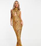 Asyou Cross Front Halter Neck Cut-out Maxi Dress In Leopard Print-multi