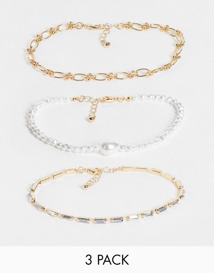 Asos Design Pack Of 3 Anklets With Pearl And Baguette Crystal In Gold Tone