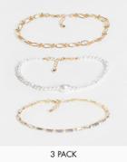 Asos Design Pack Of 3 Anklets With Pearl And Baguette Crystal In Gold Tone