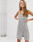 Qed London Button Front Cami Strap Dress In Gray Check-navy