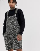 Asos Design Slim Short Overalls In Leopard Print - Green