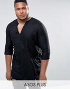 Asos Plus Regular Fit Longline Viscose Shirt In Black With V Neck - Black