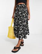 Qed London Soft Touch Ruched Waist Button Through Midi Skirt In Daisy Print-black