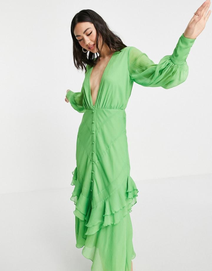 Asos Design Plunge Front Button Front Midi Dress With Long Sleeve And Ruffle Skirt-multi