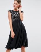 Elise Ryan Midi Skater Dress With Scallop Lace Bodice - Black