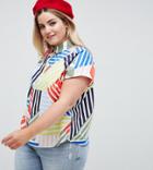 Asos Design Curve Cotton Boxy Shirt In Bright Abstract - White