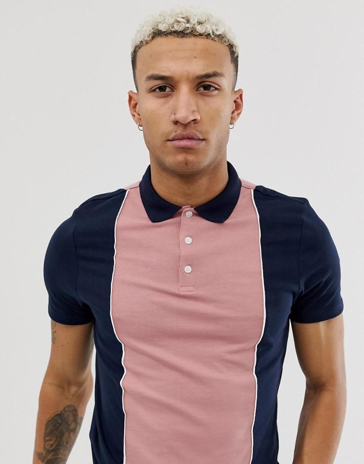 Asos Design Organic Polo Shirt With Vertical Color Blocking In Navy - Navy