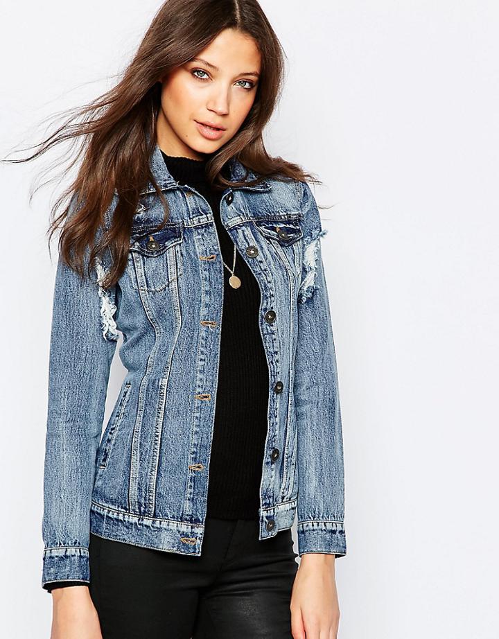 Brave Soul Tall Denim Jacket With Frayed Edge - Blue