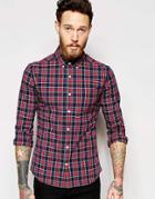Asos Skinny Shirt In Navy Plaid Check With Long Sleeves - Navy