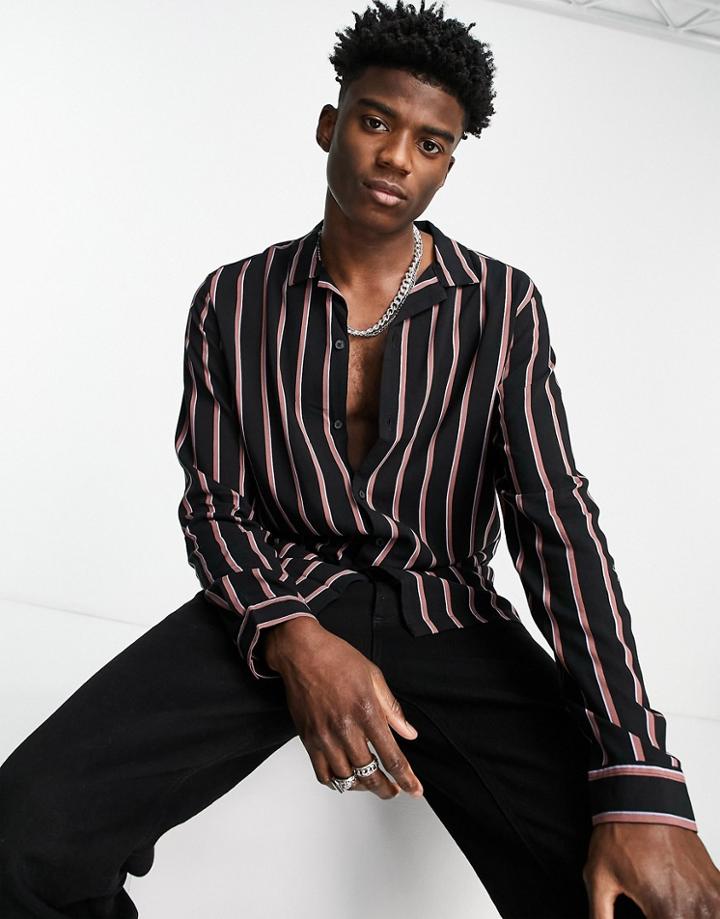 Asos Design Regular Camp Collar Black Viscose Striped Shirt