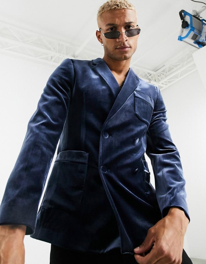 Asos Design Skinny Velvet Double Breasted Tuxedo Blazer In Navy