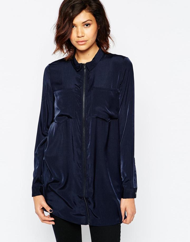 Vila Zip Front Longline Maxi Shirt - Total Eclipse