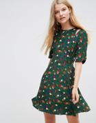 Asos Cut Out Shoulder 40s Tea Dress In Ditsy Floral Print - Multi