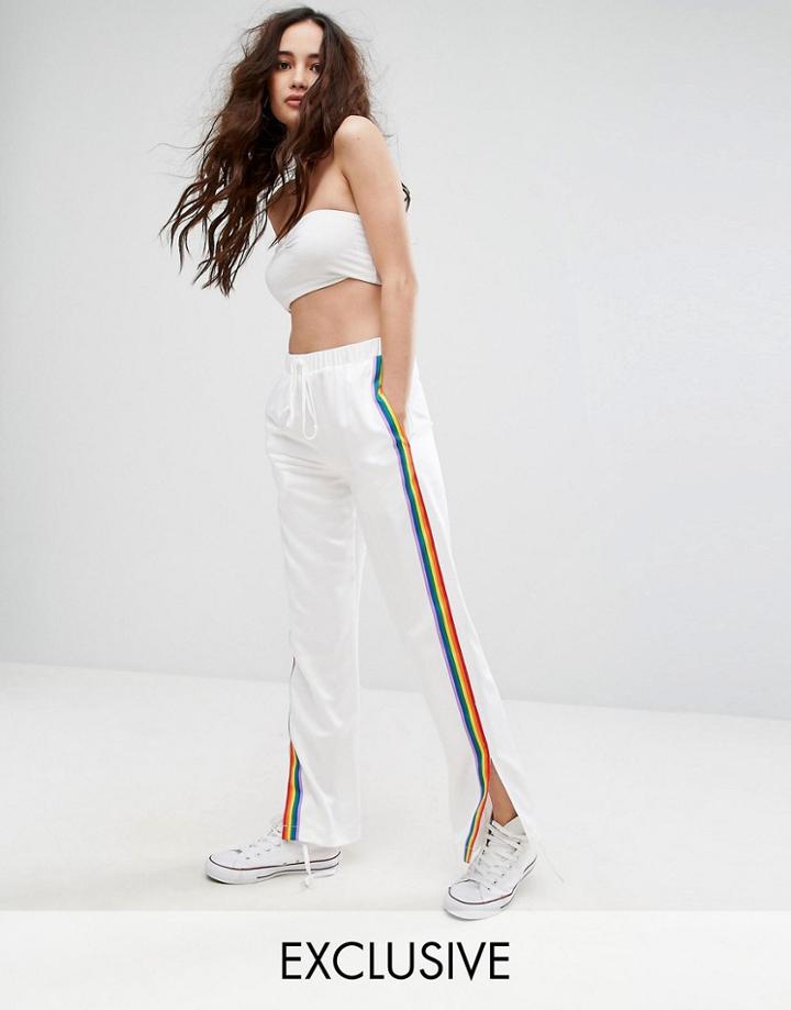 Reclaimed Vintage Inspired Wide Leg Pants With Rainbow Stripe - White