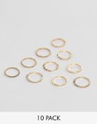Asos Design Pack Of 10 Rings In Engraved And Twist Design In Gold - Gold