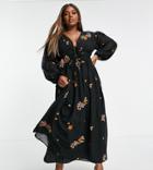 Asos Design Curve Soft All Over Embroidered Maxi Dress In Black