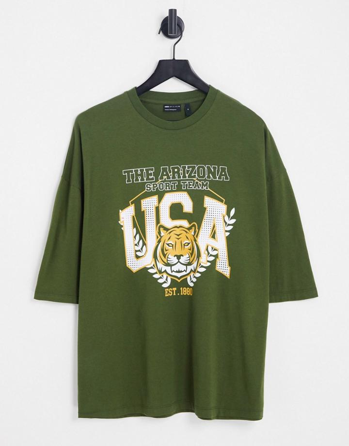 Asos Design Oversized T-shirt In Dark Green With Usa Front Print
