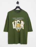 Asos Design Oversized T-shirt In Dark Green With Usa Front Print