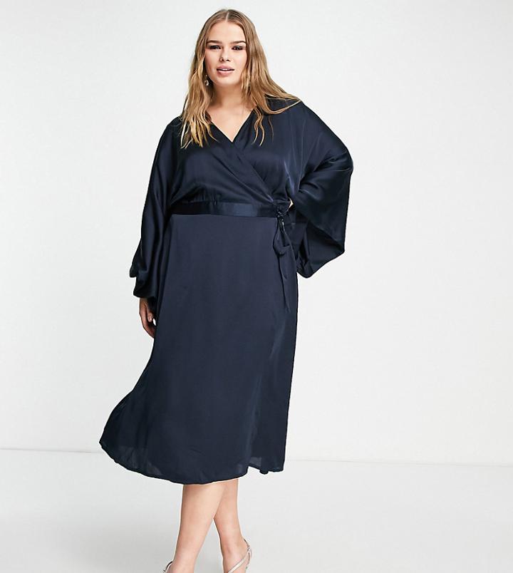 Tfnc Plus Bridesmaid Kimono Sleeve Satin Wrap Midi Dress In Navy