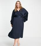Tfnc Plus Bridesmaid Kimono Sleeve Satin Wrap Midi Dress In Navy