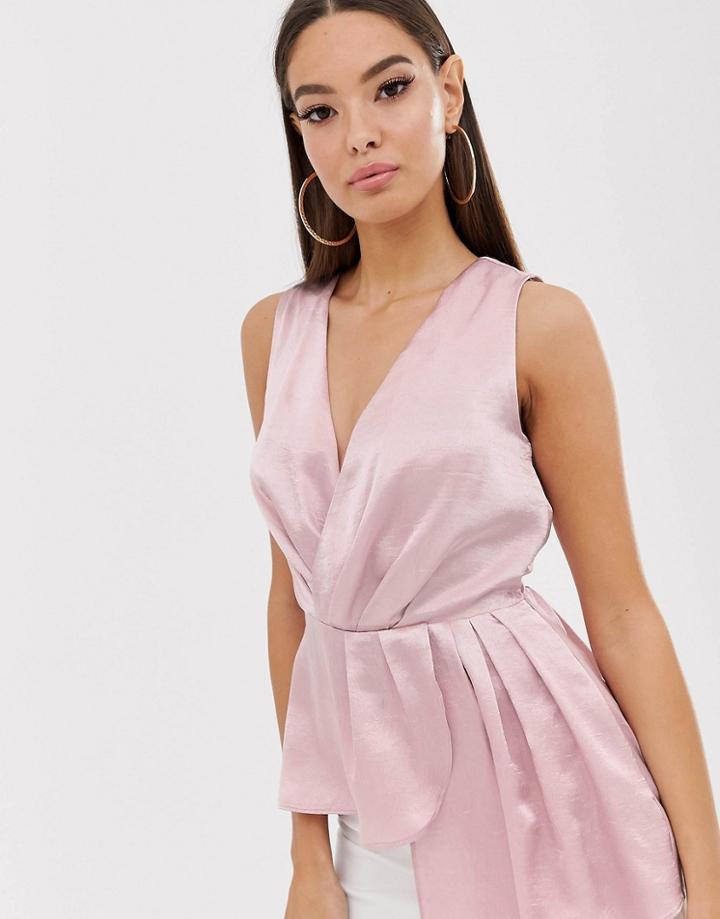 The Girlcode Satin Asymmetric Wrap Top In Blush-pink