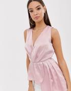 The Girlcode Satin Asymmetric Wrap Top In Blush-pink