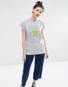 Asos Boyfriend T-shirt With Cactus Stripe Print - Gray Marl