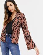 Asos Design Open Blouse In Tiger Animal Print With Long Sleeves-multi