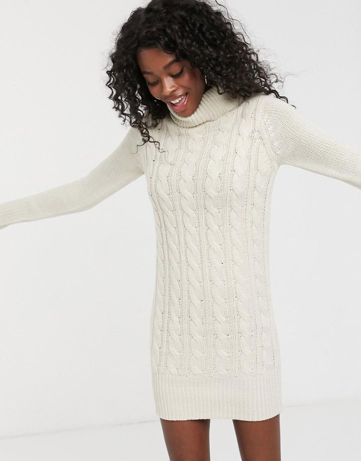 Brave Soul Roll Neck Cable Knit Sweater Dress In Oatmeal