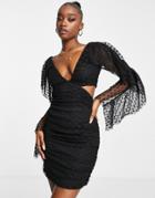 Asos Design Long Sleeve Frill Textured Mesh Cut Out Mini Dress In Black